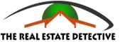 logo for the real estate detective with abstract drawing of roof top inside eye lid with caption the real estate detective